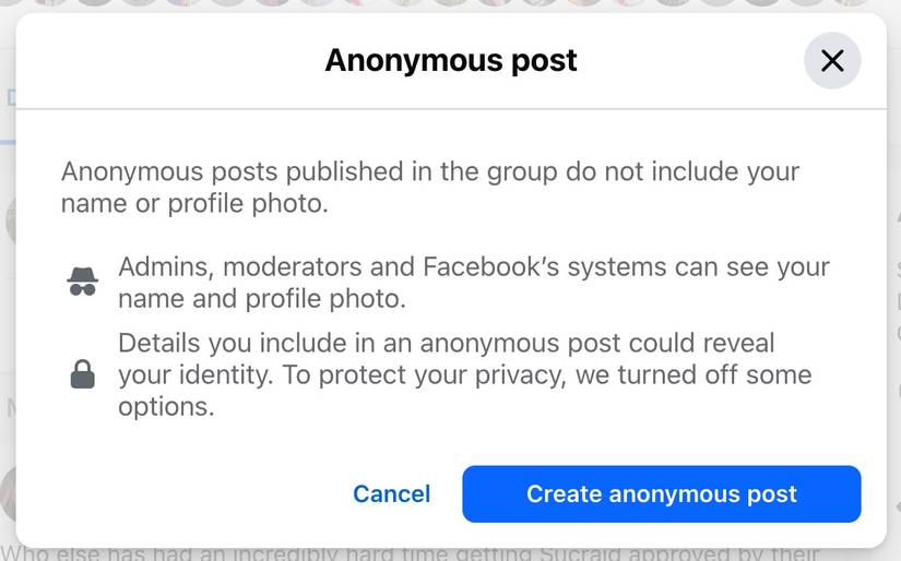 Click "Create Anonymous Post" in the "Anonymous Post" window on the Facebook site.