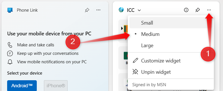 Изменение размера виджетов на панели.