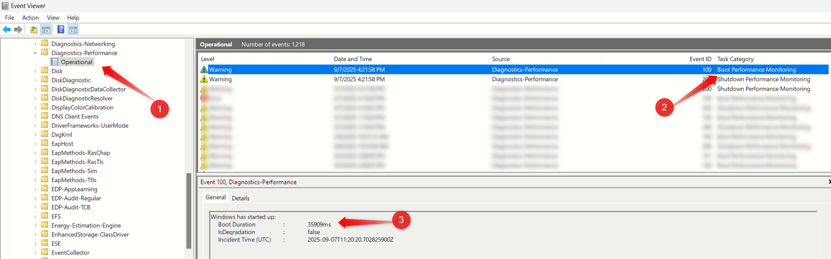 Checking the boot time from the Event Viewer in Windows.