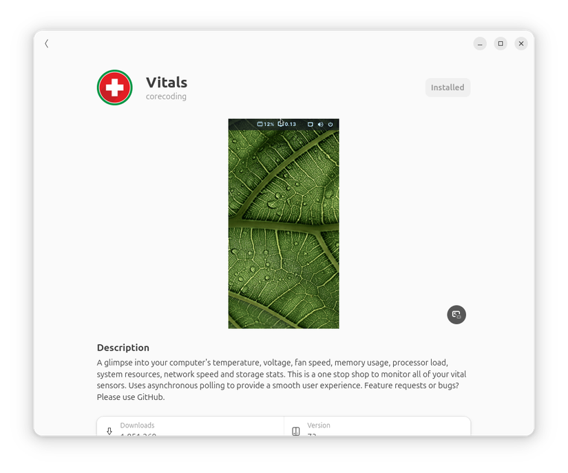 Vitals GNOME Extension Install page.