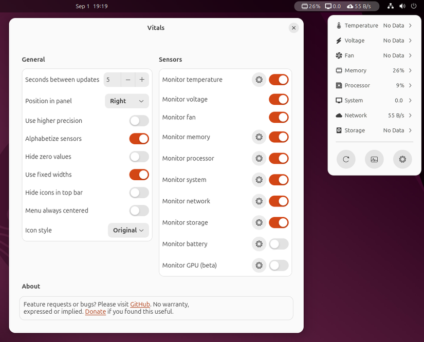 Vitals Extension settings and panel widget.