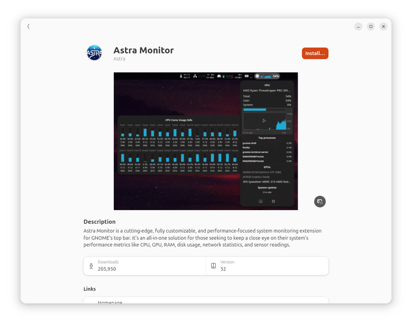 Astra Monitor GNOME Extension install page.