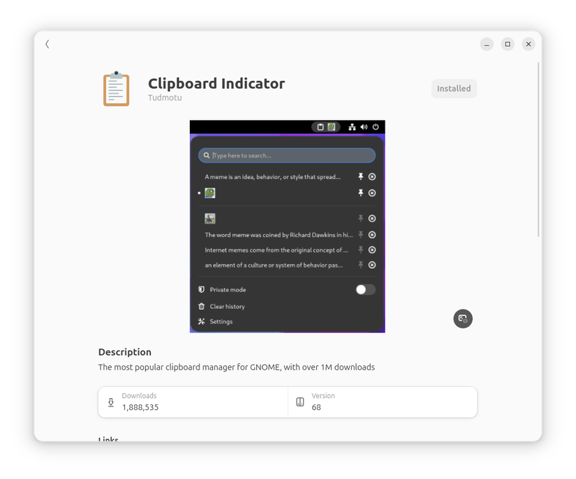 Clipboard Indicator GNOME Extension install page.
