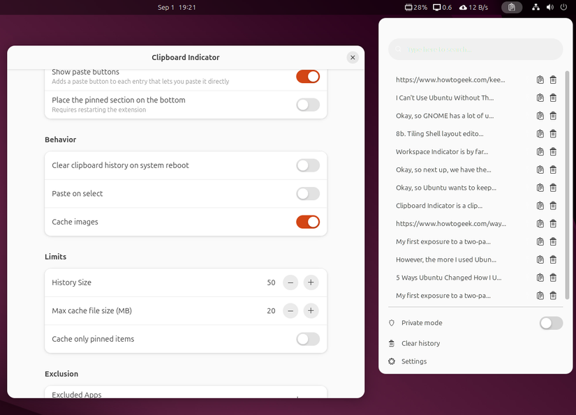 Configurações de extensão do indicador da área de transferência e widget do painel.