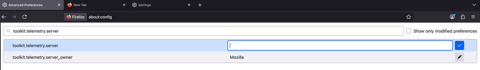 Clearing the telemetry server string on the Config page in Firefox.