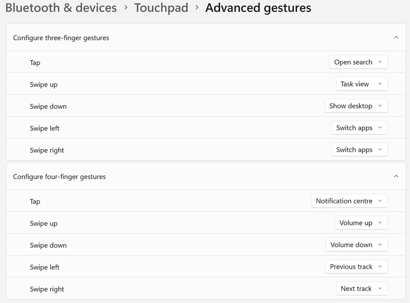 Ajustando os gestos avançados no Windows.
