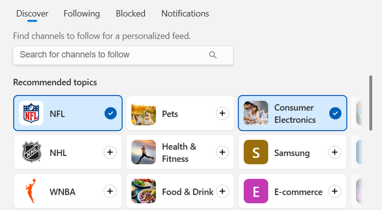 Ajustando os interesses para descobrir o conteúdo do FineTune no painel Widgets no Windows.