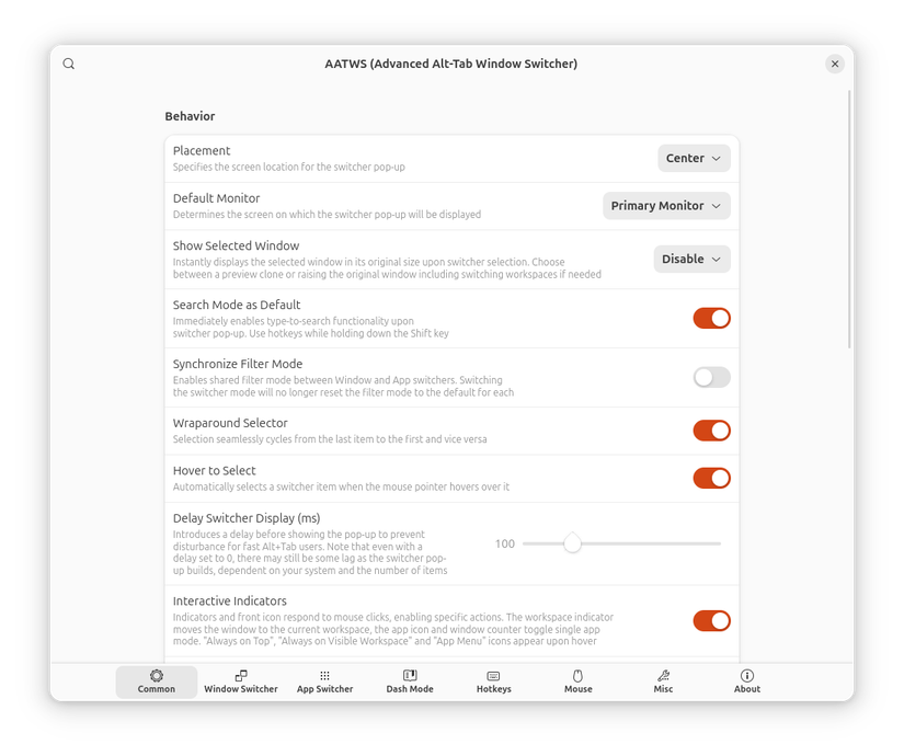 Page AATWS GNOME extension parameters.
