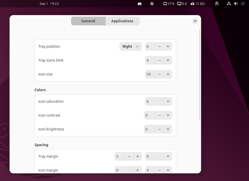 Ícones de bandeja de folga e discórdia no painel Ubuntu.