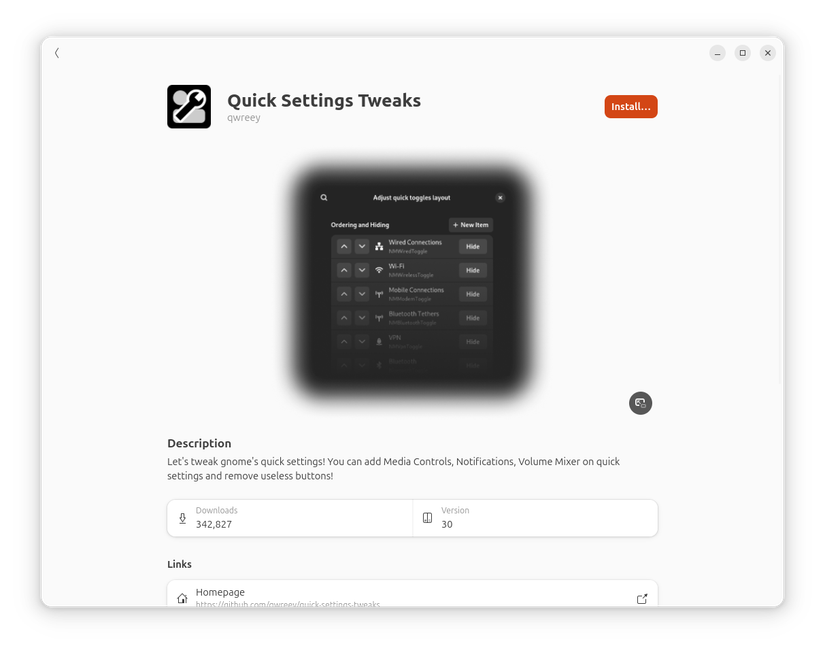 Quick Settings Tweaks GNOME Extension install page.