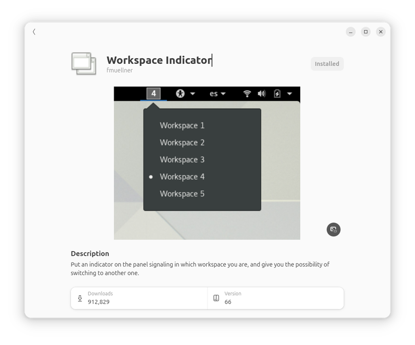 Indicador de espaço de trabalho GNOME Extension Página de instalação.