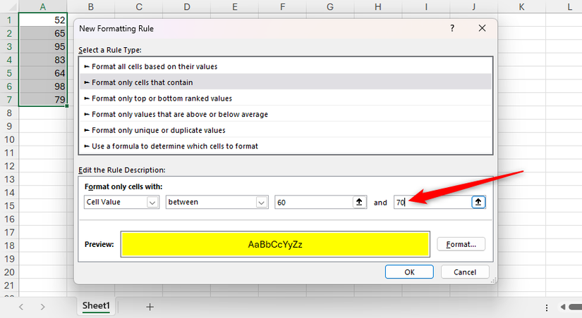 70 é digitado no limite superior de uma regra de formatação condicional no Excel.