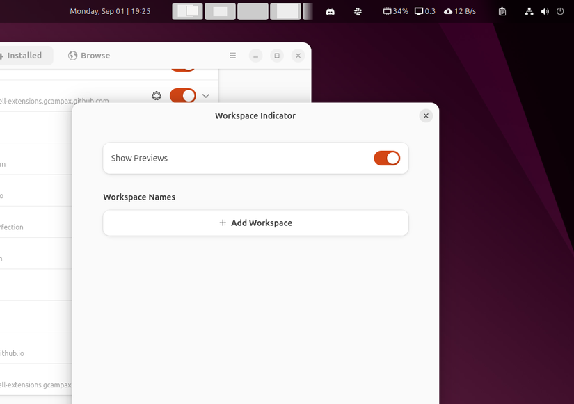 Extensão do indicador da área de trabalho adicionando um comutador de espaço de trabalho ao painel Ubuntu.
