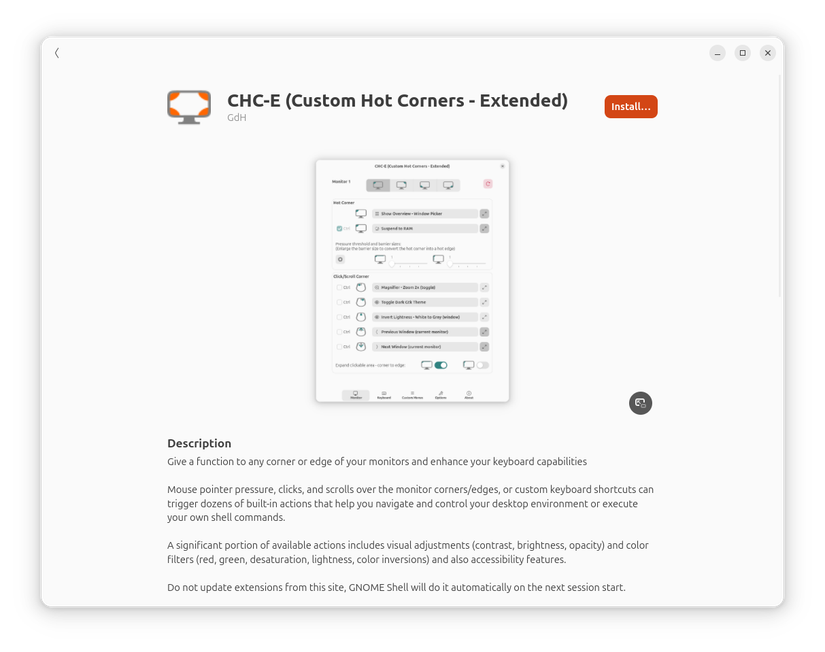 Custom Hot Corner Extended GNOME Extension install page.