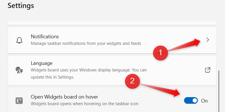 Ajustando as configurações de pairando e notificações no painel Widgets no Windows.