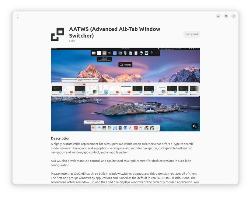 Advanced Alt Tab Windows Switcher GNOME Extension install page.