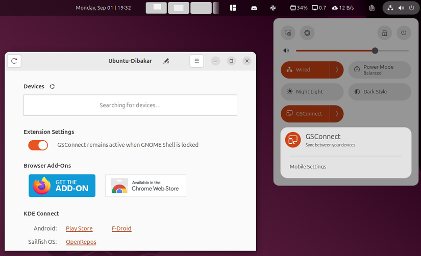 Configurações do GSConnect e entrada rápida de configurações no Ubuntu.