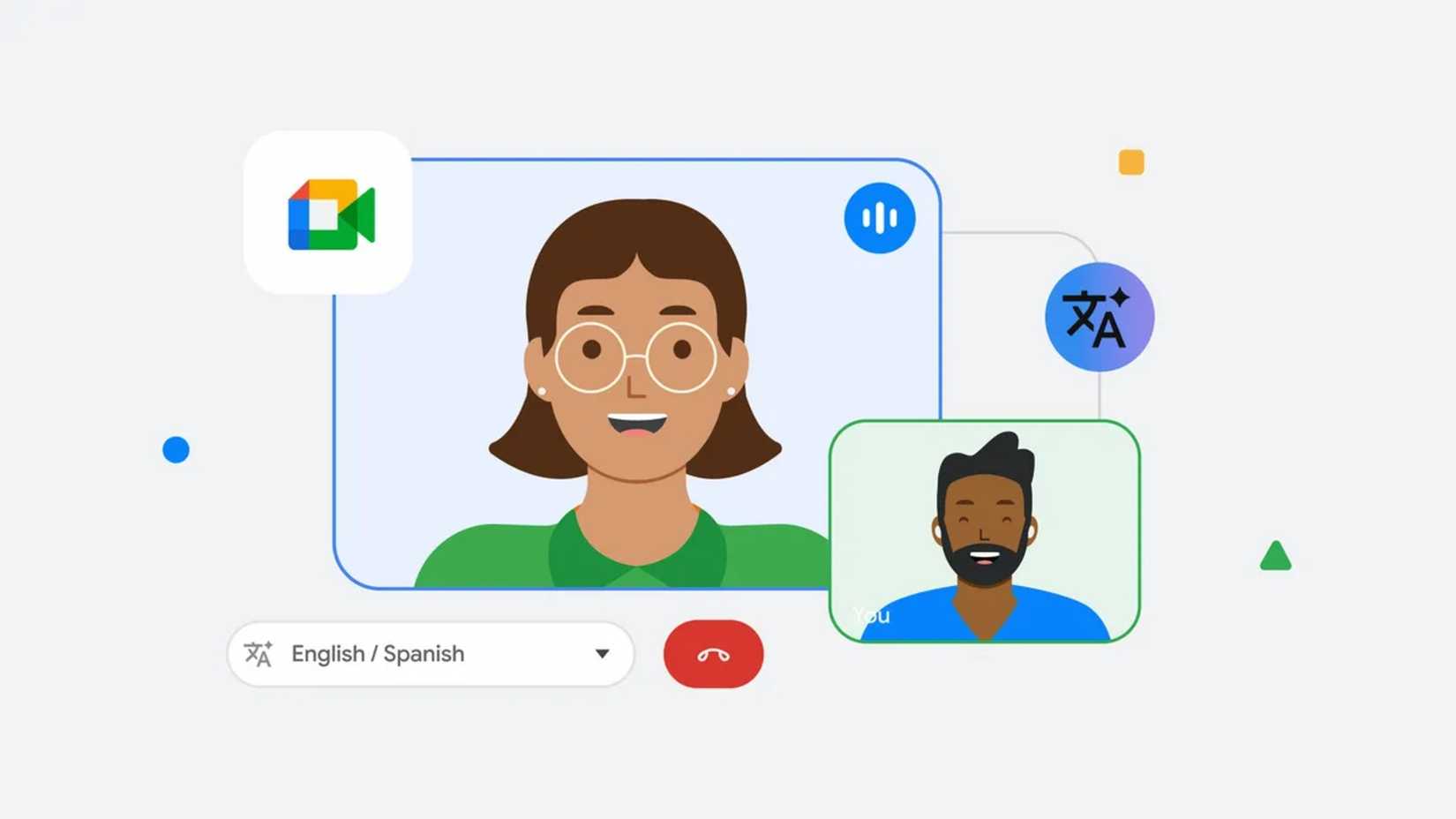 A cartoon of two people talking in Google Meets with the translation showing English to Spanish
