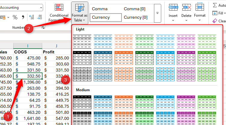 A cell is determined in the Excel Data collection, coordinated with the expansion of the table, and different table patterns are displayed.
