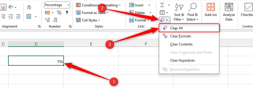 Uma célula no Excel contendo um por cento é selecionada e a opção Clear All no menu suspenso claro é clicado.