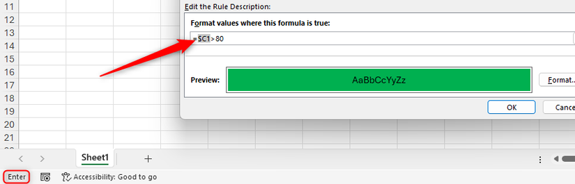 Uma referência de célula em uma regra de formatação condicional é alterada para uma referência mista e o Excel está no modo Enter.