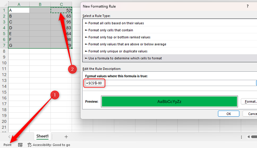 Uma referência de células é adicionada a uma fórmula de formatação condicional com o Excel no modo de ponto.