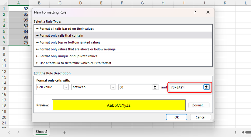 Uma referência de células é adicionada ao limite superior de uma regra de formatação condicional no Excel.
