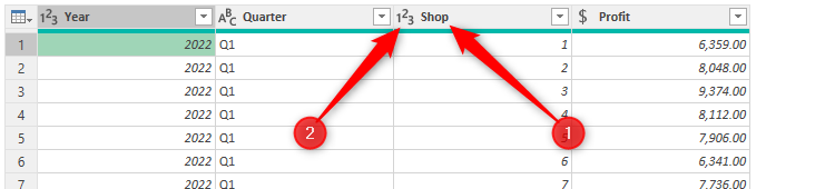 A column header in Excel's Power Query Editor is named Shop, and the data type is whole number.