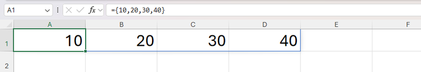 A formula containing an array constant is entered into cell A1 in Excel, resulting in 10, 20, 30, and 40 appearing in cells A1 to D1.