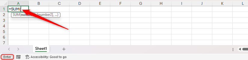 Uma fórmula está sendo digitada na célula A1 no Excel e o modo Enter é ativado.