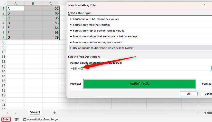 Uma fórmula é digitada na nova caixa de diálogo de regra de formatação no Excel, o cursor está no final da fórmula e o modo Enter está ativo.