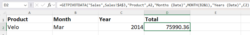 A GETPIVOTDATA formula in Excel that returns a total based on a selected product, month, and year.