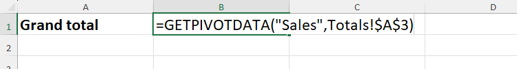 A GETPIVOTDATA formula typed into cell B2 in Excel, with the Sales as the first argument, and cell A3 from the Totals sheet as the second.