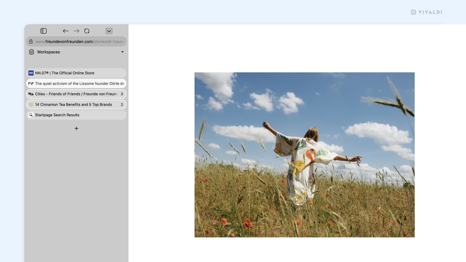 A girl running in the field in the Vivaldi Browser with the tabs moved to the left
