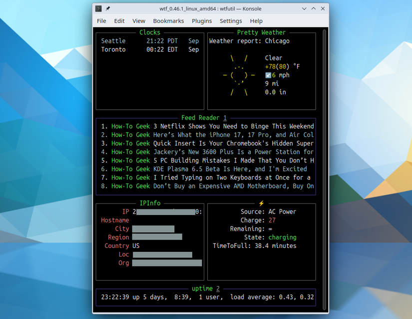 A Linux terminal showing the WTF interface with several modules displaying various information.