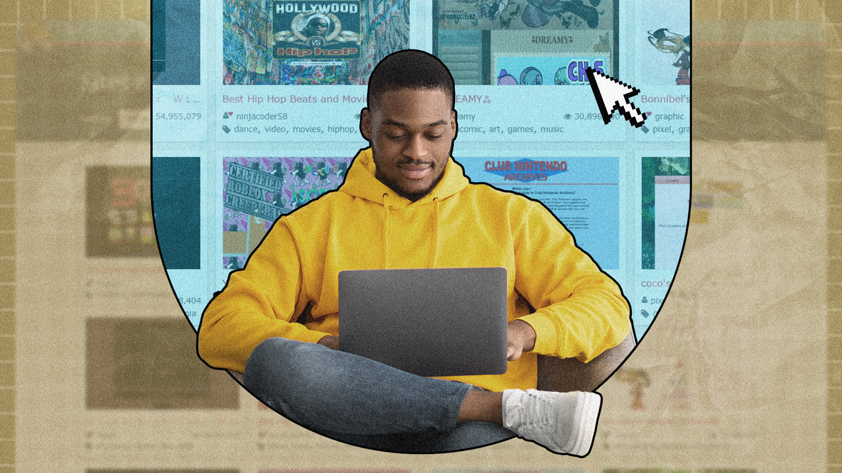A man sitting cross-legged with a laptop, browsing retro-style websites, with a large vintage cursor pointing at old-school web pages in the background.