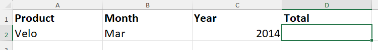 A Microsoft Excel spreadsheet, with a product in cell A2, a month in cell B2, a year in cell C2, and D2 (empty), where the total sales will be calculated, selected.