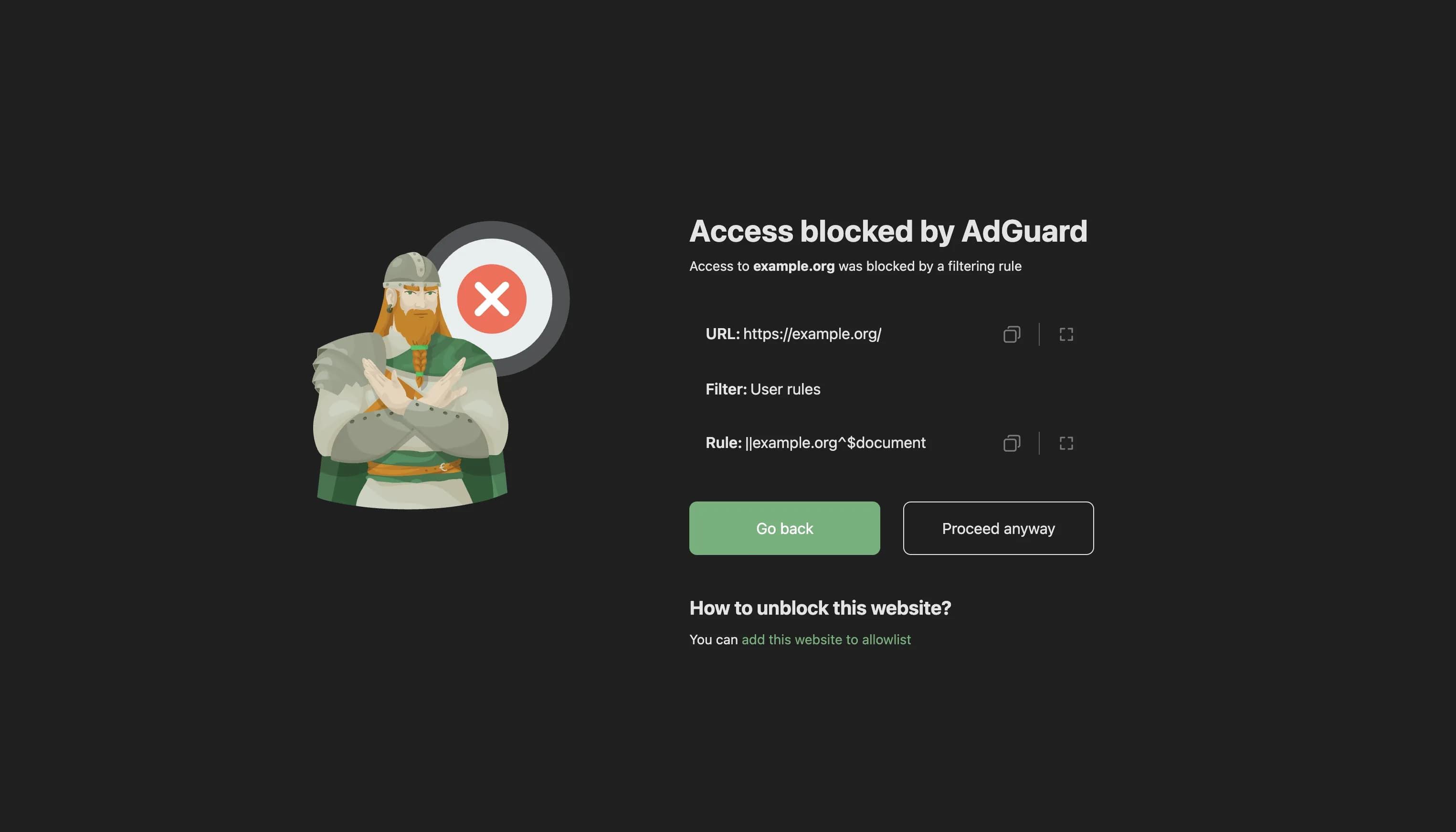 A page called example being blocked by AdGuard, and the user has the option to proceed anyway
