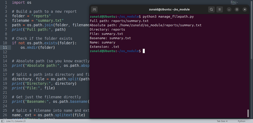 A Python code snippet with the os module for managing file paths.