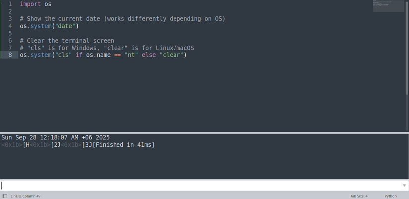 A Python code snippet with the os module for running system commands.