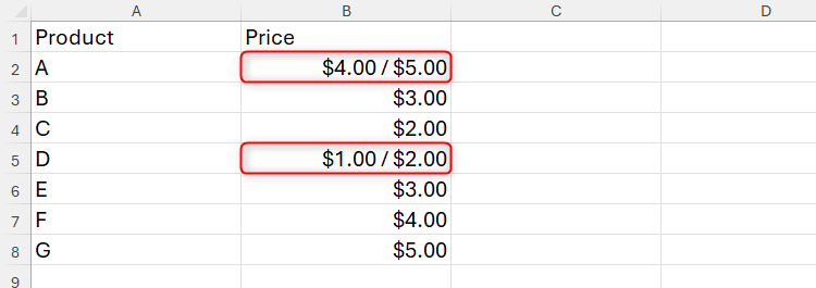 A group in Excel, with two cells containing more than one data point.