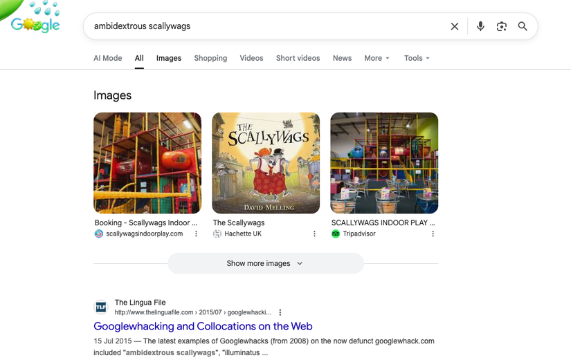 A screenshot of the Google search results for the query ambidextrous scallywags, showing a link to a result about Googlewhacks.