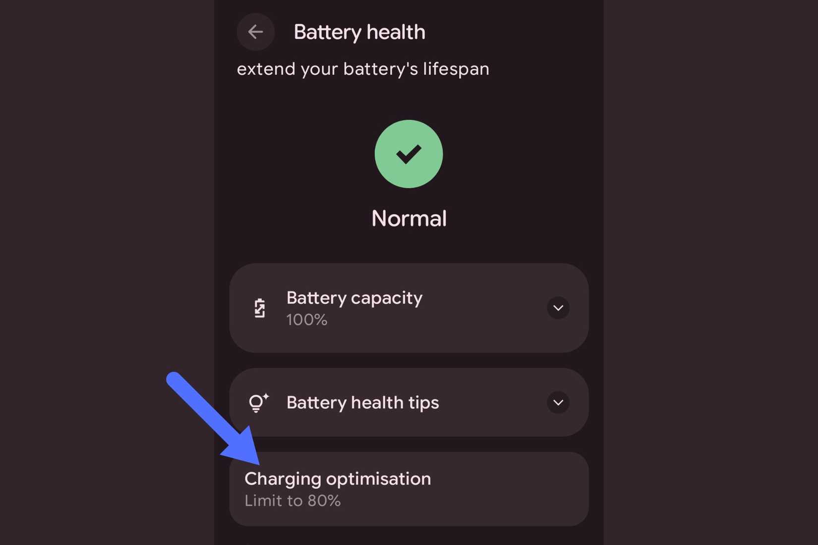 A screenshot showing the Battery Status page.