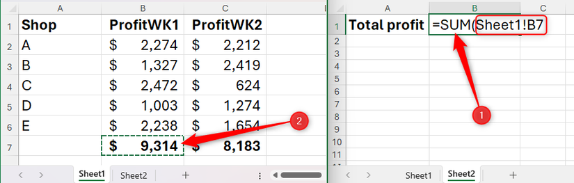 A SUM formula in Excel references a cell in a separate worksheet of the same workbook.