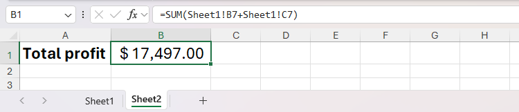 A SUM formula in Sheet 2 of an Excel workbook adds values in two cells in Sheet 1 of the same workbook.