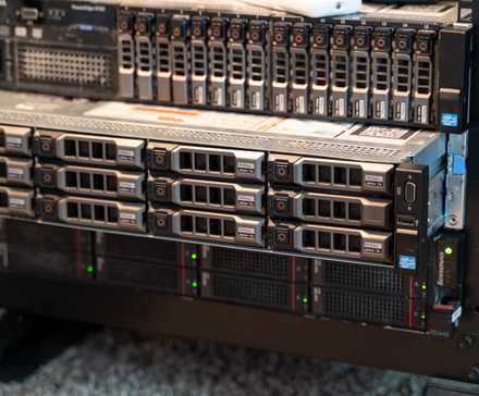 A rack-mount server slid out of the rack slightly with other servers above and below it.