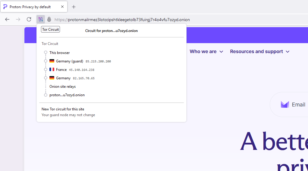 Accessing Proton via the TOR browser and the onion address.