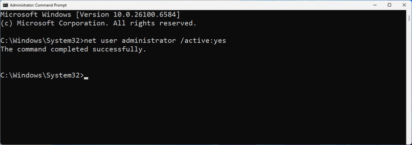 Activating the administrator account in Command Prompt successfully.
