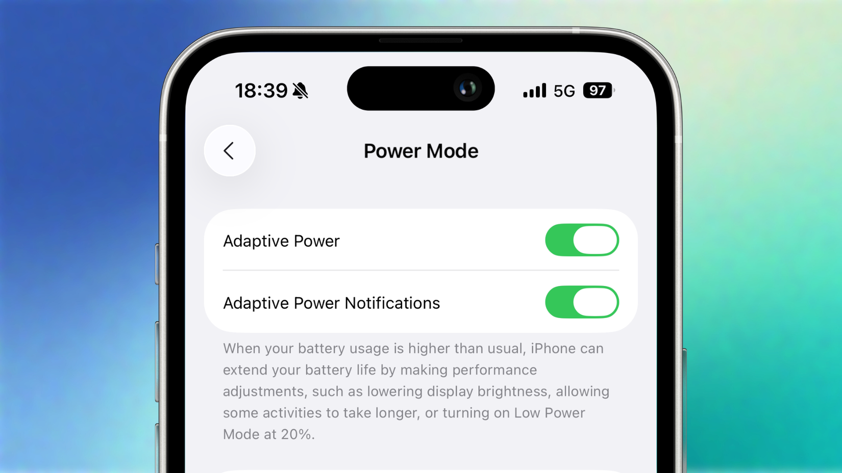 Screenshot of the battery settings menu in iOS 26 showcasing the Adaptive Power button at the top.
