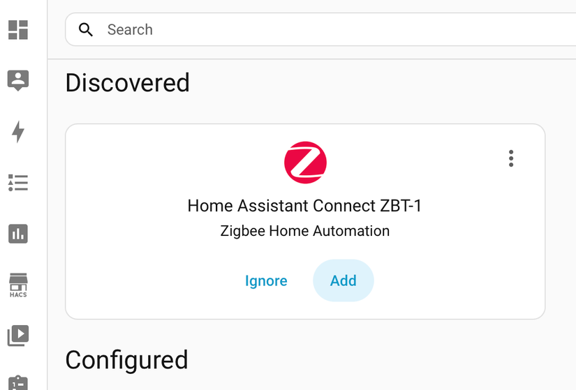 Adding the ZHA integration to Home Assistant.